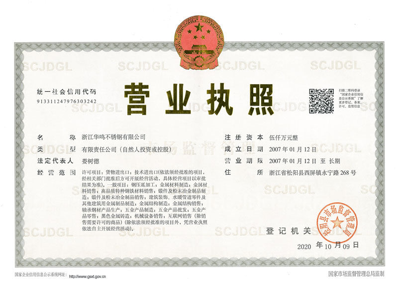 华鸣不锈钢资质证书