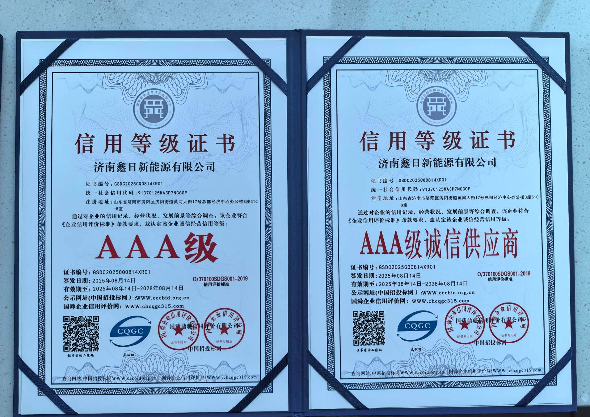 鑫日新能源资质证书