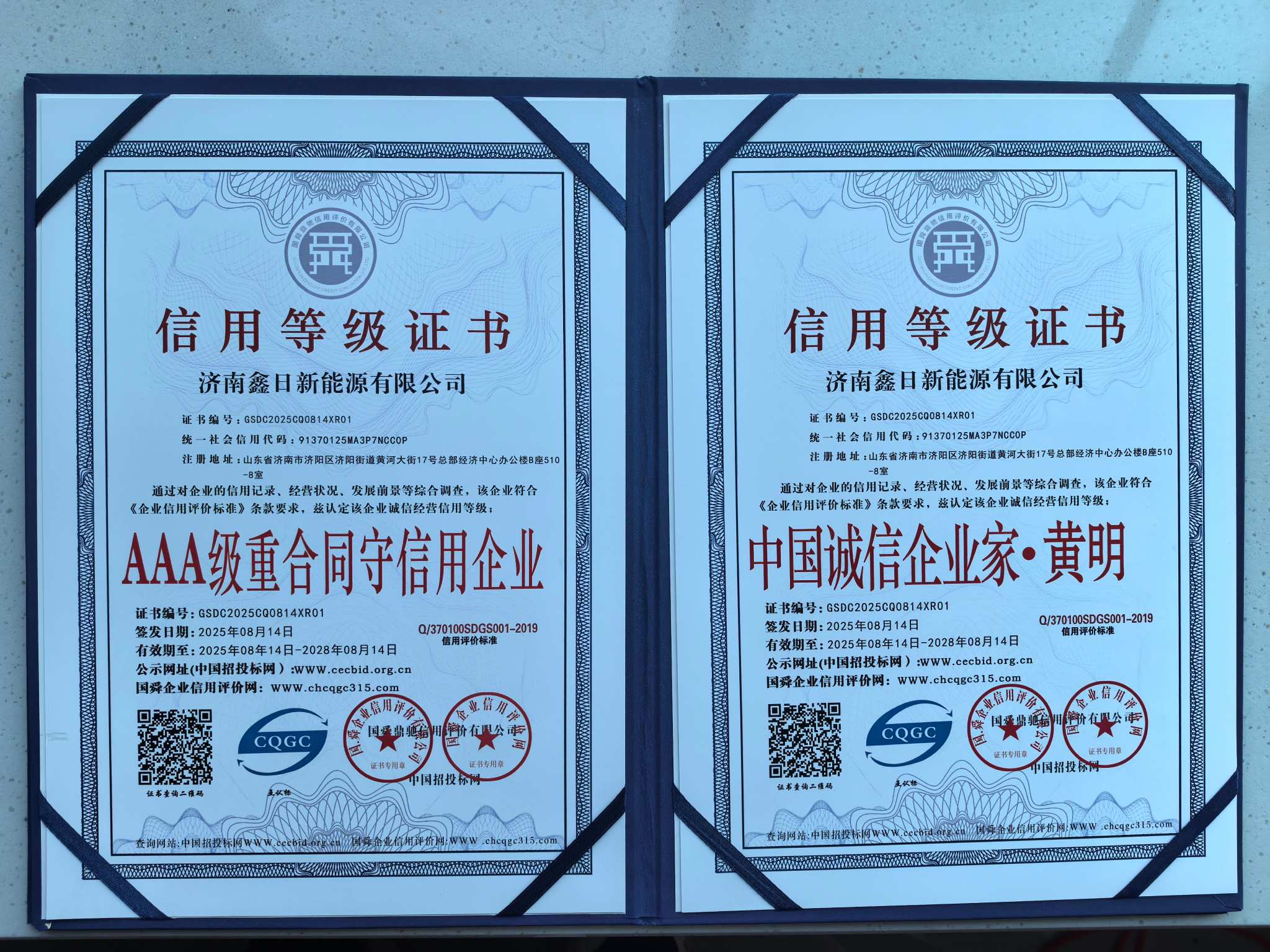 鑫日新能源资质证书